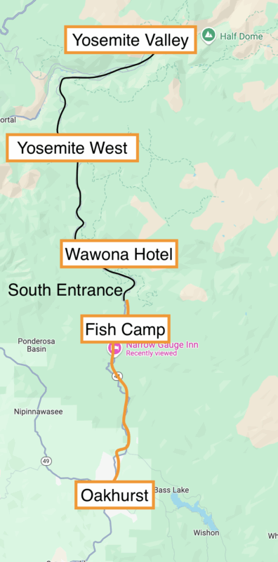 Map showing Highway 40 sites in Yosemite